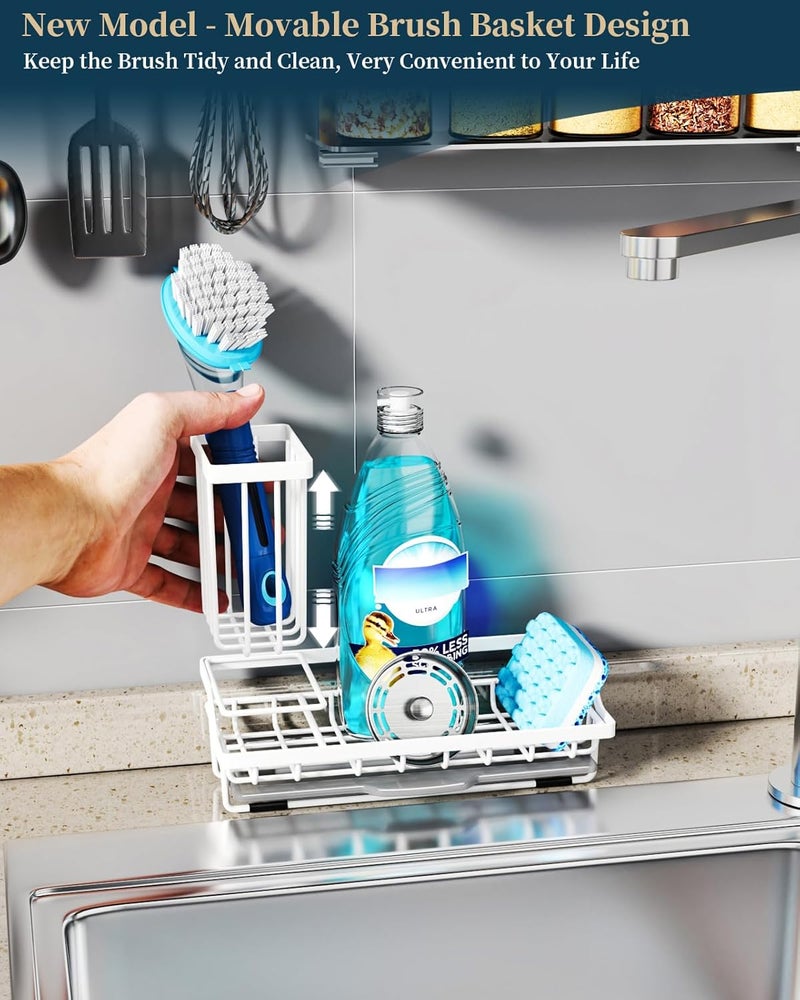 Consumest Sponge Holder for Kitchen Sink - Sink Caddy Organizer with Removable Drip Tray for Countertop Dish Soap Dispenser Brush Storage Kitchen Accessories 304 Stainless Steel, White - Image 2